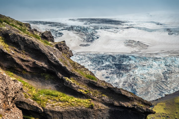 View of the Myrdalsjokull glacier , covering the active volcano Katla, Thorsmork, Highlands at the southern end of the famous Laugavegur hiking trail.
