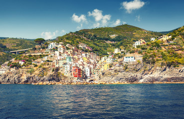 Fototapeta premium Beautiful mountain landscape of Cinque Terre, Italy on a summer day. Scenic panorama view.