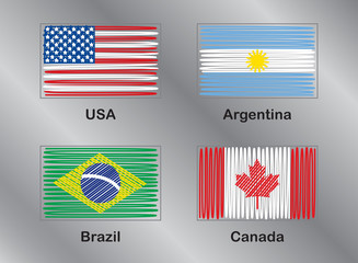 American Flags. USA. Brazil. Argentina. Canada. Vector Set