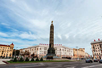 Fototapeta premium Minsk, Republic of Belarus, September 10, 2018: Victory Square - the square in the center of Minsk, a memorable place in honor of the heroism of the people during the Great Patriotic War.