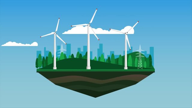 Landscape view of floating island with greenery mountain with background of city and the Big power wind mill -ecology environment save energy concept