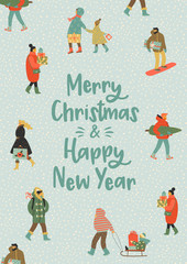 Christmas and Happy New Year illustration whit people. Trendy retro style.