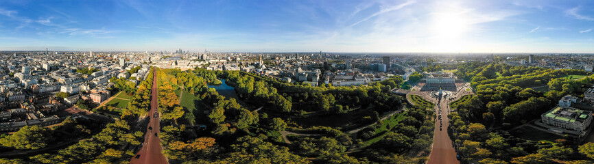 Aerial London City Skyline Wide 360 Degree Panorama View in Central London around Buckingham Palace...