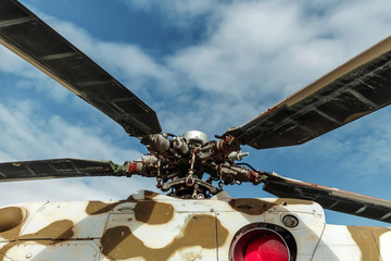 Minsk, Belarus, September 10, 2018. Museum of Avionics, MI Helicopter 35. Screw close-up....