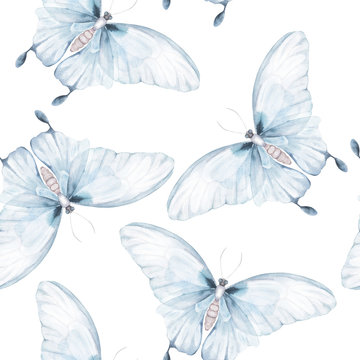 Watercolor seamless pattern. Vintage butterfly. Hand drawn illustration