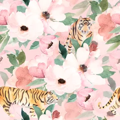 Behang Aquarel naadloze patroon. Bloemenprint met tijger. © natikka