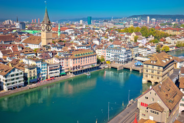 Zurich and Limmat river waterfront aerial view