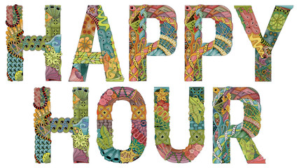 Word HAPPY HOUR. Vector decorative zentangle object