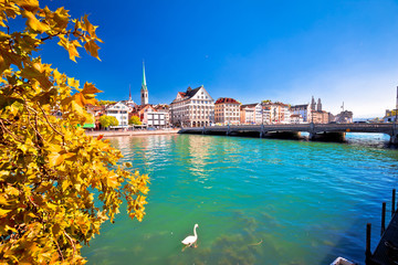 Zurich waterfront landmarks autumn colorful view