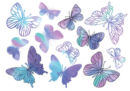 PURPLE BUTTERFLIES Color Vector Illustration Set for Scrapbooking and Digital Print on Card And Photo Children’s Albums