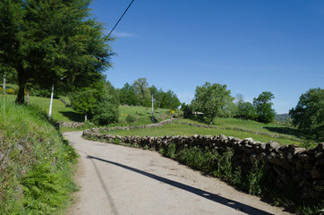 Camino rural bordeado por muros de fincas en Tourém, Norte de Portugal.