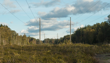 High-voltage power line in a forest against a cloudy sky background