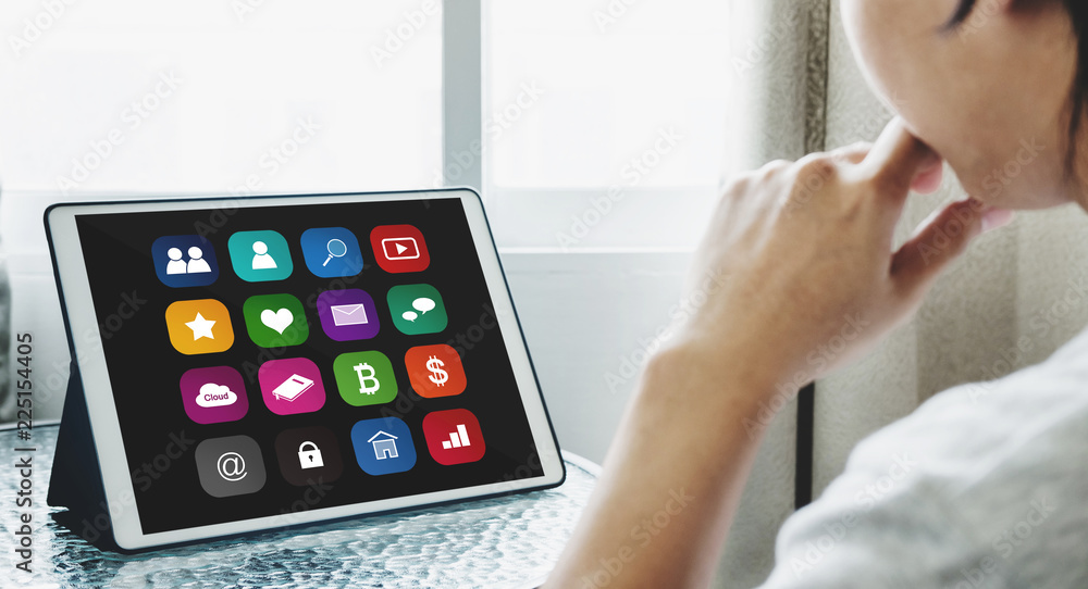 Poster online media and application technology on digital tablet. a man using online media application on d