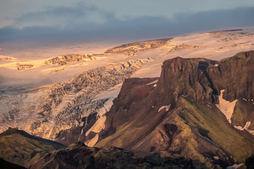Fototapeta na wymiar View of the Myrdalsjokull glacier , covering the active volcano Katla, Thorsmork, Highlands at the southern end of the famous Laugavegur hiking trail.
