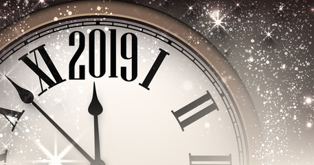 Fototapeta na wymiar Shiny 2019 New Year background with clock.