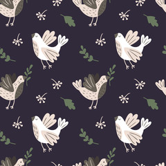 Seamless pattern with birds, branches and leaves. Vector template suitable for wrapping paper, bedding or print on clothes.