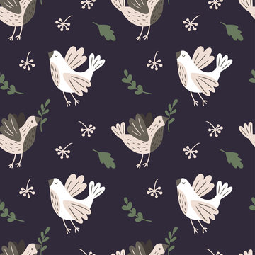 Seamless pattern with birds, branches and leaves. Vector template suitable for wrapping paper, bedding or print on clothes. © pravdinal