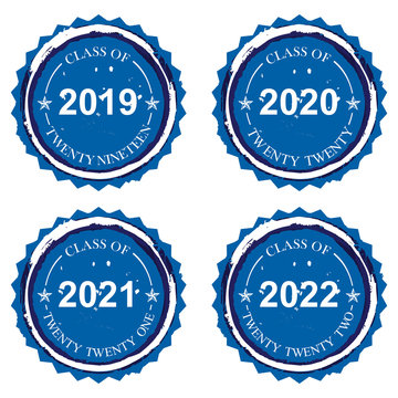 Rubber stamp imprint designs on Class of 2019 2020 2021 2022 in blue on an isolated white background