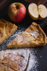 Delicious apple autumn pie on a dark background