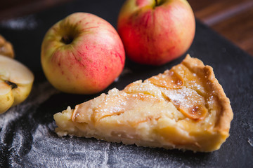 Delicious apple autumn pie on a dark background