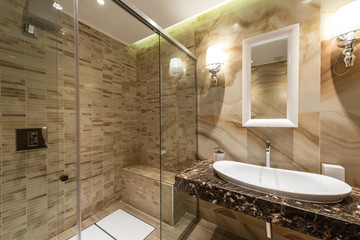 Luxury decorated bathroom, glass shower, sink and mirror - obrazy, fototapety, plakaty