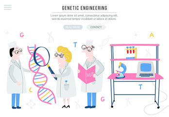 Scientist exploring DNA structure. Hand drawn genome sequencing concept made in vector. Banner for site.