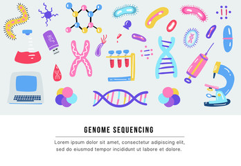 Hand drawn genome sequencing illustration. Human dna research technology symbols. Human genome project. - 225156281