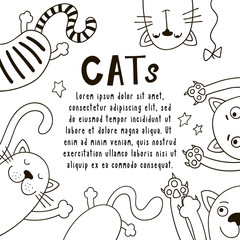 Background with doodles cats and space for text. Black and white vector template.