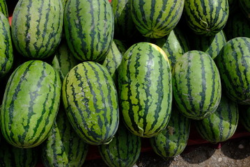 Group of fresh watermelon fruits at traditional fresh market at Xinjiang, China