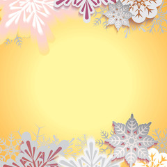 Abstract snowfall with defocused transparent falling snowflakes isolated on yellow background