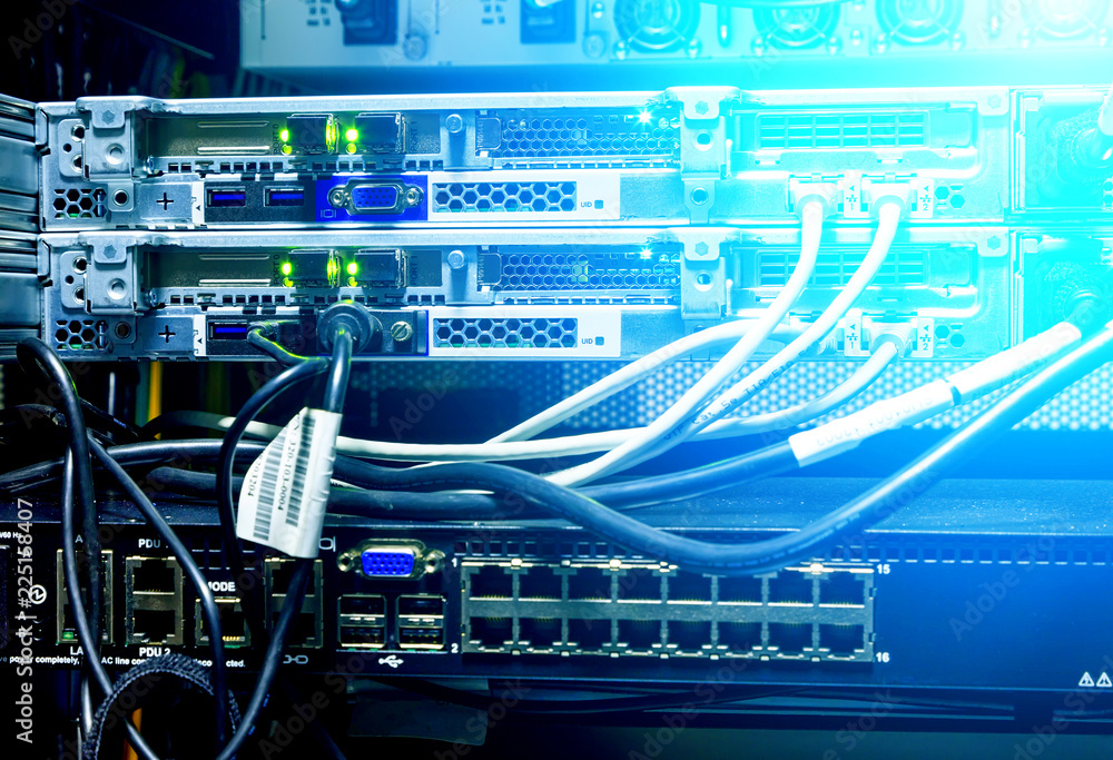 Poster fiber optical connector interface. rack mounted servers in a server room, server rack audio cable. s