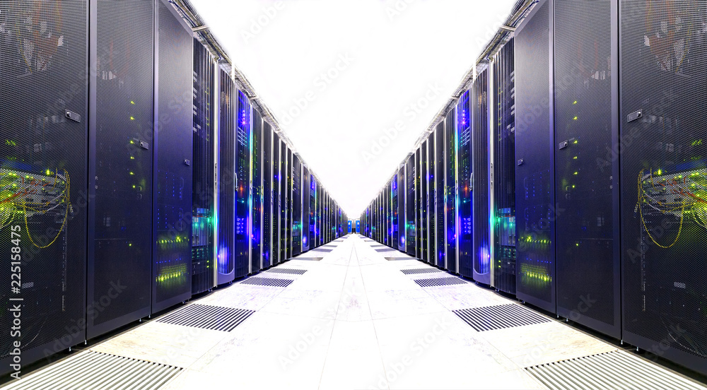 Poster white server room network communications server cluster in a server room. . futuristic modern data c