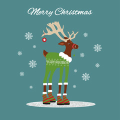Happy Christmas greeting card in cartoon style with cute deer, isolated. Flat style of icons for presents, invitation, children room, nursery decor, t-shirt, banner, interior design.