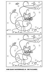 Find 8 differences (cat). Black and white page for coloring for preschool children. The bright red cat closed his eyes. Birds fly over his head.