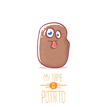 vector brown cute little kawaii potato cartoon character isolated on white background. My name is potato vector concept illustration. funky summer vegetable food kids character