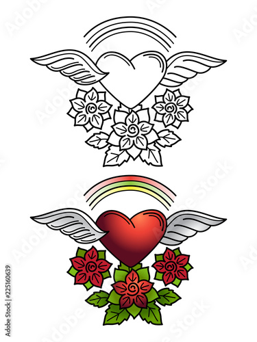 Rainbow Heart Floral Ornament Tattoo Design Line With Wings And Flowers Coloring