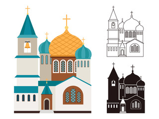 Christian churches vector set. Line, silhouette and flat style church isolated on white