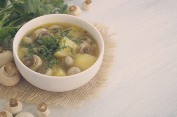 Homemade diet mushroom soup on a light background.