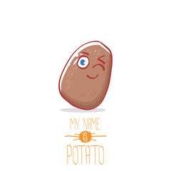 vector brown cute little kawaii potato cartoon character isolated on white background. My name is potato vector concept illustration. funky summer vegetable food kids character