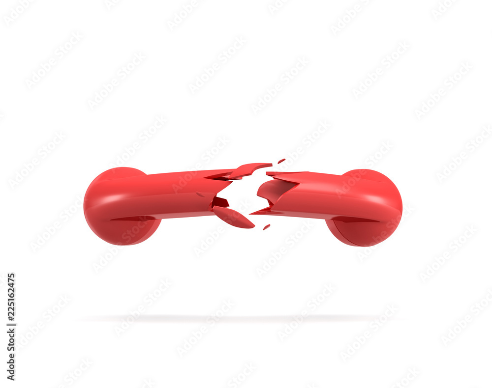 Poster 3d rendering of a red retro phone receiver broken in half on a white background.
