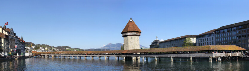 The famous covered wooden Chapel Bridge in the Swiss city Lucerne, Switzerland