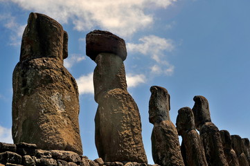 Chile. Easter Island. Statutes of moai on the shore of the island.