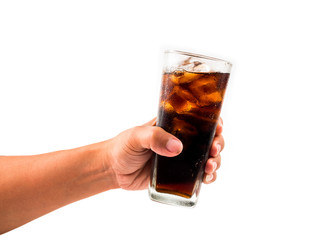Glass of drink cola with ice in hand on white background