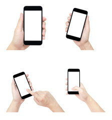 The set of hands with smartphones isolated on white background.