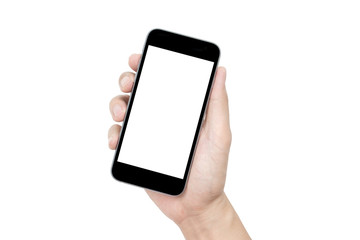 Hand holding black smartphone with blank screen isolated on white background. Clipping path embedded.