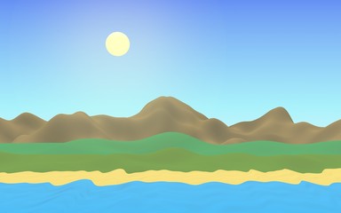 Sun Sea Beach. Noon. Ocean shore line with waves on a beach. Island beach paradise with waves. Vacation, summer, relaxation. Seascape, seashore. Minimalist landscape, primitivism. 3D illustration