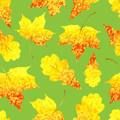 Seamless pattern with Golden sparkling red yellow maple and oak leaves
