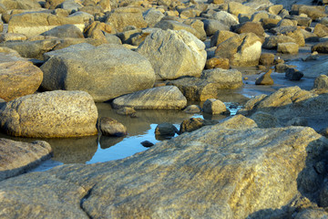 Fototapeta na wymiar Rocks reflecting in tide pool at sunset near Albany, WA, Australia