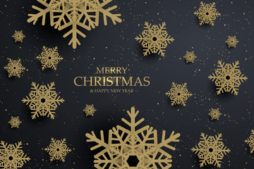 Black christmas background with golden snowflakes. Vector illustration - 225166499
