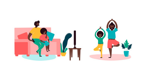 Single black father and son african americans spending time together sitting on sofa watching TV